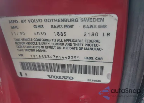 1991 Volvo 240 z USA, uszkodzony, nr VIN YV1AA8847M1442355